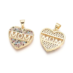 Golden Brass Micro Pave Cubic Zirconia Pendants, Heart with Word MOM, For Mother's Day, Colorful, Golden, 19x18.5x2.5mm, Hole: 3.5x4.5mm