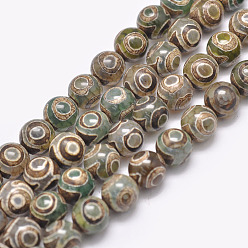Vert Foncé Brins de perles d'agate naturelle tibétaine 3 -eye dzi, ronde, teints et chauffée, vert foncé, 8mm, Trou: 1.2mm, Environ 47 pcs/chapelet, 15 pouce