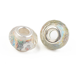 Coloré Résine perles européennes, Perles avec un grand trou   , avec noyaux en laiton plaqué couleur argent, facette, rondelle, colorées, 14x9mm, Trou: 5mm