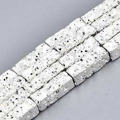 Silver Plated Electroplated Natural Lava Rock Beads Strands, Cuboid, Bumpy, Silver Plated, 12.5x4x4mm, Hole: 1mm, about 32pcs/strand, 15.75 inch(40cm)