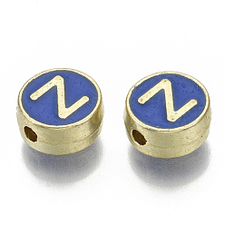 Letter Z Alloy Enamel Beads, Cadmium Free & Nickel Free & Lead Free, Flat Round with Initial Letters, Light Gold, Letter.Z, 8x4mm, Hole: 1.5mm