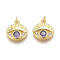 Real 18K Gold Plated Brass Micro Pave Purple Cubic Zirconia Charms, Long-Lasting Plated, With Jump Rings, Eye, Real 18K Gold Plated, 13x12.5x3mm, Hole: 2mm, Jump Ring: 4x0.5mm