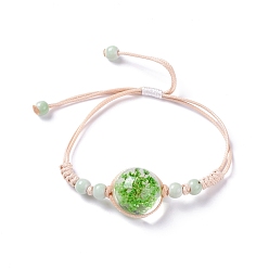 Green Handmade Dry Pressed Flower Link Bracelet for Girl Women, Babysbreath Glass Cover Beads Adjustable Bracelet, Green, Inner Diameter: 5/8~ 3-1/8 inch(1.5~7.9cm)