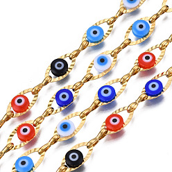 Colorful Ion Plating(IP) 304 Stainless Steel Textured Oval Cable Chains, with Enamel Evil Eye Beads, with Spool, Unwelded, Real 18K Gold Plated, Nickel Free, Colorful, 11x5.5x3mm, 7.5x3x1mm, about 32.81 Feet(10m)/Roll