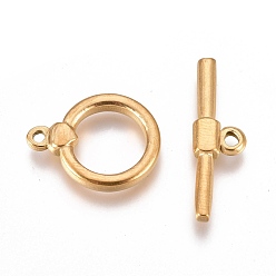 Golden Ion Plating(IP) 304 Stainless Steel Toggle Clasps, Ring, Golden, Ring: 18x14x3mm, Hole: 1.5mm, Bar: 23.5x7x3mm, Hole: 1.8mm