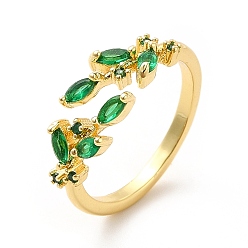 Chapado en Oro Real 18K Anillo de puño abierto con hoja de circonita cúbica verde, joyas de latón para mujer, real 18 k chapado en oro, tamaño de EE. UU. 6 1/2 (16.9 mm)
