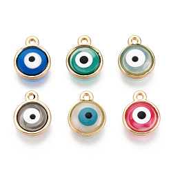 Mixed Color Epoxy Resin Enamel Evil Eye Charms, with Rack Plating Light Gold Tone Alloy Open Back Bezel, Cadmium Free & Nickel Free & Lead Free, Mixed Color, 10x8x1.5~2.5mm, Hole: 1mm