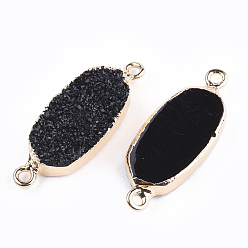 Black Electroplate Druzy Resin Links connectors, with Iron Findings, Oval, Light Gold, Black, 30~31x11.5~12x5mm, Hole: 1mm