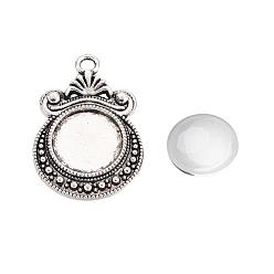Antique Silver Pendant Making Sets, with Alloy Pendant Cabochon Settings and Glass Cabochons, Flat Round, Cadmium Free & Lead Free, Antique Silver, 28x19x2mm, Hole: 2.5mm, Tray: 12mm, 11.5~12x4mm