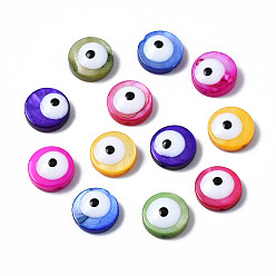 Mixed Color Natural Freshwater Shell Beads, with Enamel, Dyed, Flat Round with Evil Eye, Mixed Color, 8x3mm, Hole: 0.6mm