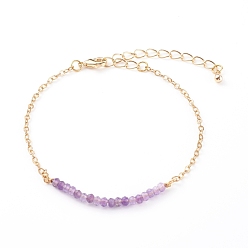 Amethyst February Birthstone Natural Amethyst Beaded Bracelets, with Brass Cable Chains, Faceted Round, Golden, 7-1/4 inch(18.5cm)