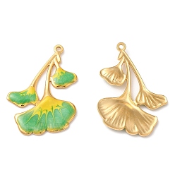 Lime Green 304 Stainless Steel Enamel Pendants, Real 18K Gold Plated, Ginkgo Leaf Charm, Lime Green, 32x22.5x2mm, Hole: 1.4mm