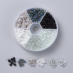 Noir 6/0 perles de rocaille de verre, couleurs opaques et couleurs transparentes arc-en-ciel et ceylon et transparent et trans. couleurs lustrées, ronde, noir, 6/0, 4mm, trou: 1~1.5 mm, 60 g / boîte, environ 600 pièces / boîte