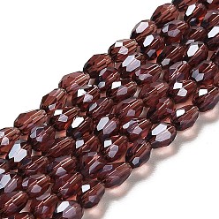 Purple Electroplate Glass Beads Strands, Pearl Luster Plated, Faceted, teardrop, Purple, 6x4mm, Hole: 1mm, about 72pcs/strand, 15 inch