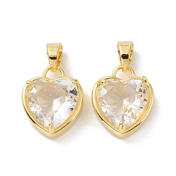 Clear Glass Pendants, with Golden Plated Brass Findings, Cadmium Free & Lead Free, Heart, Clear, 18x14.5x8mm, Hole: 4x6mm