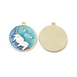 Turquoise Alloy Enamel Pendants, with Rhinestone, Cadmium Free & Nickel Free & Lead Free, Golden, Flat Round with Rabbit & Star Pattern, Turquoise, 24.5x22x2mm, Hole: 1.5mm