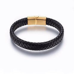 Black Leather Braided Cord Bracelets, 304 Stainless Steel Magnetic Clasp, Rectangle, Golden, Black, 8-5/8 inch(22cm), 12x6mm
