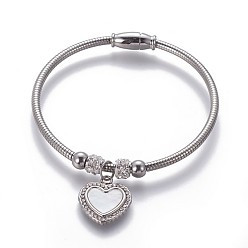 Stainless Steel Color 304 Stainless Steel Charms Bangles, with Polymer Clay Rhinestone, Shell and Magnetic Clasps, Heart, Stainless Steel Color, 2-1/4 inchx2 inch(5.67x5.25cm)