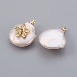 Clear Natural Cultured Freshwater Pearl Pendants, with Cubic Zirconia and Brass Findings, Long-Lasting Plated, Real 18K Gold Plated, Flower, Clear, 14~21x9~16x5~9mm, Hole: 1.5mm