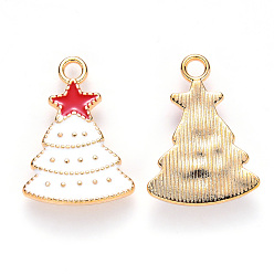 Blanco Colgantes de la aleación del esmalte, para la Navidad, árbol de navidad con estrella, la luz de oro, blanco, 22x16x3 mm, agujero: 2 mm