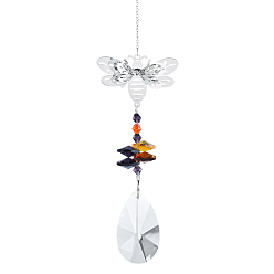 Bees Teardrop Glass Hanging Suncatcher Pendant Decoration, Crystal Ceiling Chandelier Ball Prism Pendants, with Stainless Steel Findings, Bees, 350mm