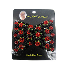 Red Iron Hair Bun Makers, Stretch Double Hair Combs, with Glass Beads, Red, 90x75mm