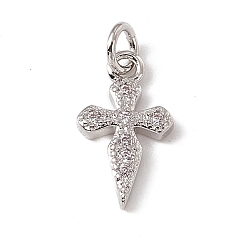 Platinum Brass Micro Pave Cubic Zirconia Charms, with Jump Rings, Religion Cross Charm, Platinum, 14.5x8x2mm, Hole: 2.7mm