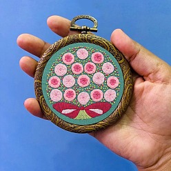 Medium Turquoise DIY Pendant Decoration Embroidery Kits, Including Printed Cotton Fabric, Embroidery Thread & Needles, Embroidery Hoop, Rose Pattern, Medium Turquoise, Embroidery Hoop: 100mm