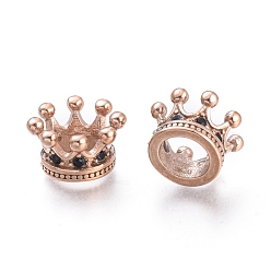 Rose Gold 304 Stainless Steel European Beads, Large Hole Beads, with Cubic Zirconia Beads, Crown, Rose Gold, 11x7mm, Hole: 6mm