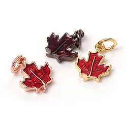 Mixed Color Autumn Theme Brass Charms, with Enamel and Jump Rings, Long-Lasting Plated, Maple Leaf, Red, Mixed Color, 11.5x9x2mm, Jump Ring: 5x0.7mm, Inner Diameter: 3.6mm