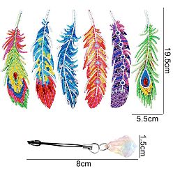 Feather DIY Bookmark Diamond Painting Kits, Including Crystal Maple Leaf Pendant Decoration, Resin Rhinestones, Pen, Tray & Glue Clay, Feather Pattern, 195x55mm, 6pcs/set
