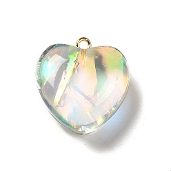 Clear Transparent Resin Pendants, Heart Charms, with Gold Foil and Golden Tone Iron Loops, Clear, 23.5~24x22x11~12mm, Hole: 2mm