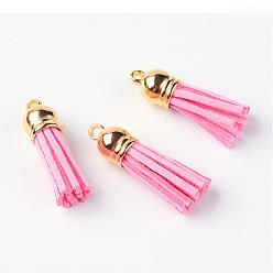 Perlas de Color Rosa Gamuza de imitación borla colgante decoraciones, con extremos de cable de plástico ccb, rosa perla, 35~37x10 mm, agujero: 2.5~3 mm