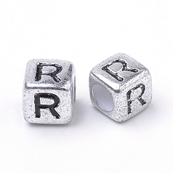 Letter R Plated Acrylic Beads, Horizontal Hole, Cube with Letter, Antique Silver, Letter.R, 6mm, Hole: 3mm, about 3000pcs/500g