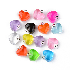 Mixed Color Transparent Resin Pendants, with Platinum Tone Iron Loop, Heart, Mixed Color, 16.5x17x9.5mm, Hole: 1.8mm