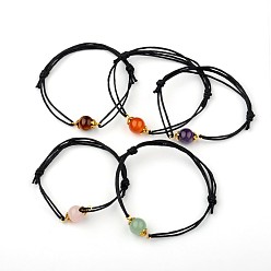 Mixed Stone Gemstone Adjustable Link Bracelets, with Alloy Bead Caps and Waxed Cotton Cord, Antique Golden, Natural & Synthetic Mixed Stone, 43~75mm