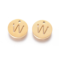 Letter W 304 Stainless Steel Charms, Ion Plating (IP), Flat Round, Letter.W, 10x1.5mm, Hole: 1mm