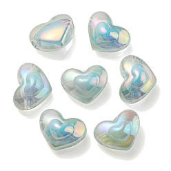 Aigue-marine Placage uv perles acryliques transparentes irisées arc-en-ciel, deux tons, cœur, aigue-marine, 13x16.5x9mm, Trou: 3mm