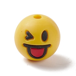 Желтый Силиконовые бусины, детские жевательные бусинки для прорезывателей, круглый с улыбающимся лицом, желтые, 15.5 мм, отверстие : 2 мм