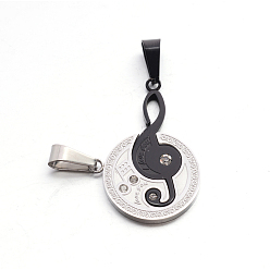 Gunmetal Valentine's Couple Jewelry 304 Stainless Steel Rhinestone Flat Round and Musical Note with Word Love You Pendants, Gunmetal, 28x24x3mm, Hole: 5.5x10.5mm, 12x35.5x3mm, Hole: 5.5x10mm