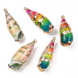 Colorful Spray Painted & Electroplate Spiral Shell Pendants, with Iron Findings, Light Gold, Colorful, 41~53x14~16x13~15mm, Hole: 2mm