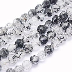 Rutilated Quartz Natural Black Rutilated Quartz Beads Strands, Round, Faceted, 4mm, Hole: 0.5mm, about 93pcs/strand, 15.5 inch(39.5cm)