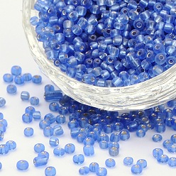 Bleu Royal Perles de rocaille en verre, trou rond argenté, rond petites perles, bleu royal, 6/0, 4mm, Trou: 1.5mm, environ 4500 pcs / livre