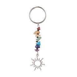 Soleil Porte-clés éclats de pierres précieuses naturelles, porte-clés à breloques en alliage avec porte-clés fendus en fer, soleil, 9.7 cm, charme: 26x24x2mm