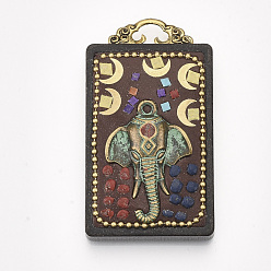Colorful Handmade Indonesia Big Pendants, Wood Settings, with Brass Findings and Alloy Loop, Rectangle with Hindu Elephant God Lord Ganesh Statue, Colorful, 57x32x12mm, Hole: 6x3mm