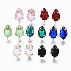 Mixed Color Brass Stud Earring Findings, with Glass and Loop, Long-Lasting Plated, Teardrop, Light Gold, Mixed Color, 14x8.5mm, Hole: 1.2mm, Pin: 0.7mm