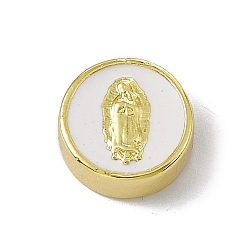 White Real 18K Gold Plated Brass Enamel Beads, Long-Lasting Plated, Religion, Cadmium Free & Lead Free, Flat Round with Virgin Mary, White, 11x4.5mm, Hole: 1.8mm