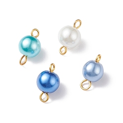 Azul Royal Dijes de conector de perla de imitación de vidrio, con lazos dobles de hierro chapados en oro, rondo, azul real, 14x7.5 mm, agujero: 1.8 mm y 2.5 mm