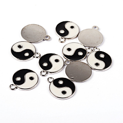 Platinum Zinc Alloy Enamel Pendants, Yin Yang, Black and White, Platinum, 24.8x20.7mm, Hole: 2mm