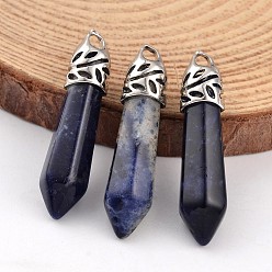 Sodalite Bullet Natural Sodalite Pendants, with Platinum Tone Alloy Findings, 33~40x8~10mm, Hole: 3x2mm
